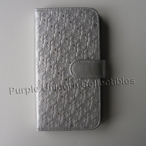 Samsung Galaxy S4 Swarovski Swanflower Grey Silver Leather Bookcase Phone Case - Picture 1 of 4